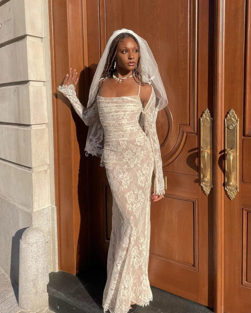 Elegant Vintage Hollow Out Lace Long Sleeve Cape 2 Piece Set Gown Slip  Maxi Dress