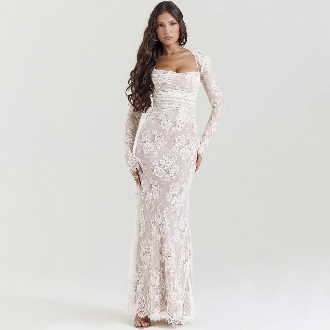 Elegant Vintage Hollow Out Lace Long Sleeve Cape 2 Piece Set Gown Slip  Maxi Dress