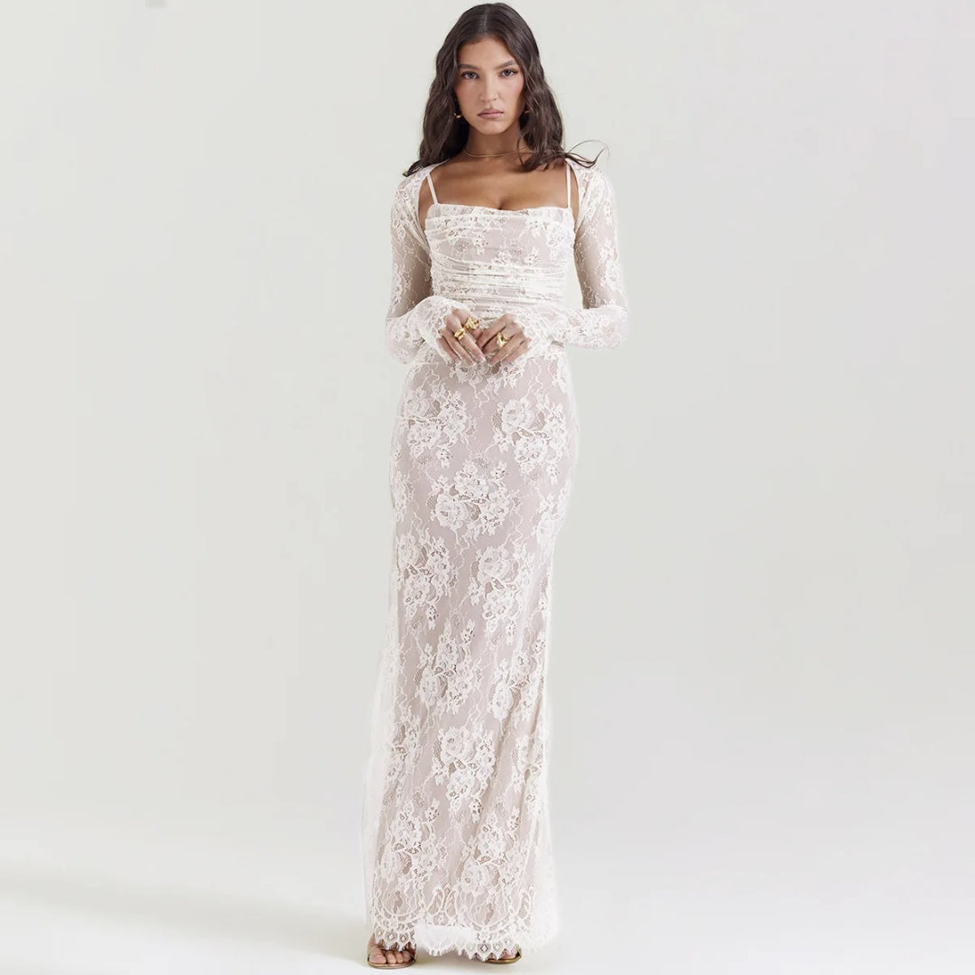 Elegant Vintage Hollow Out Lace Long Sleeve Cape 2 Piece Set Gown Slip  Maxi Dress