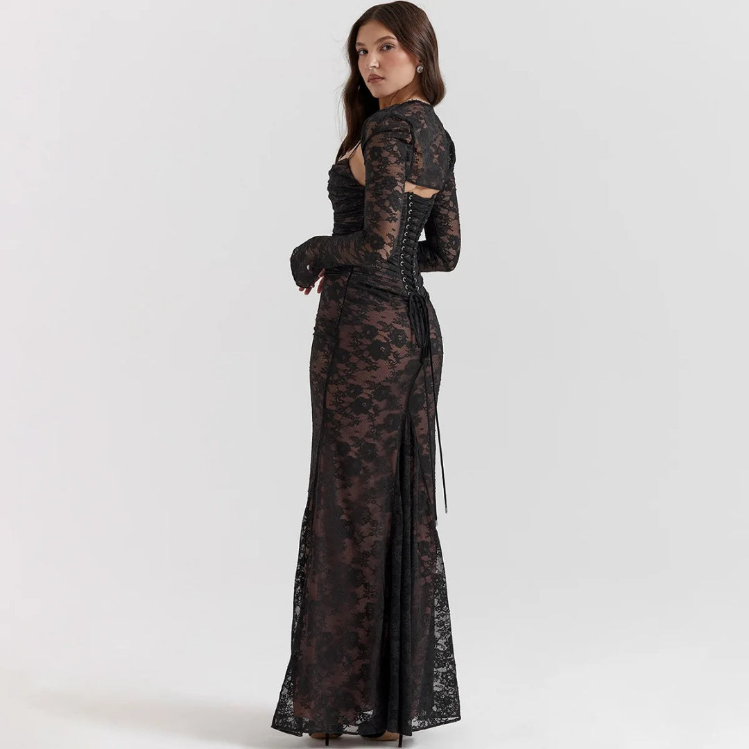 Elegant Vintage Hollow Out Lace Long Sleeve Cape 2 Piece Set Gown Slip  Maxi Dress