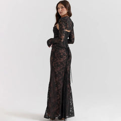 Elegant Vintage Hollow Out Lace Long Sleeve Cape 2 Piece Set Gown Slip  Maxi Dress