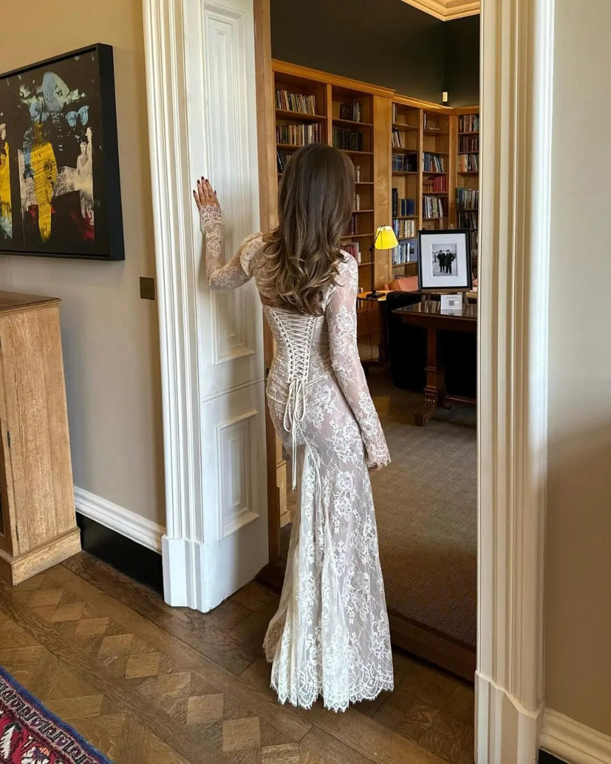 Elegant Vintage Hollow Out Lace Long Sleeve Cape 2 Piece Set Gown Slip  Maxi Dress