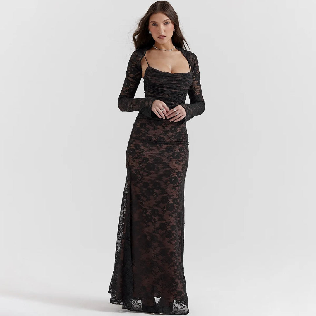 Elegant Vintage Hollow Out Lace Long Sleeve Cape 2 Piece Set Gown Slip  Maxi Dress