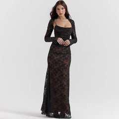 Elegant Vintage Hollow Out Lace Long Sleeve Cape 2 Piece Set Gown Slip  Maxi Dress