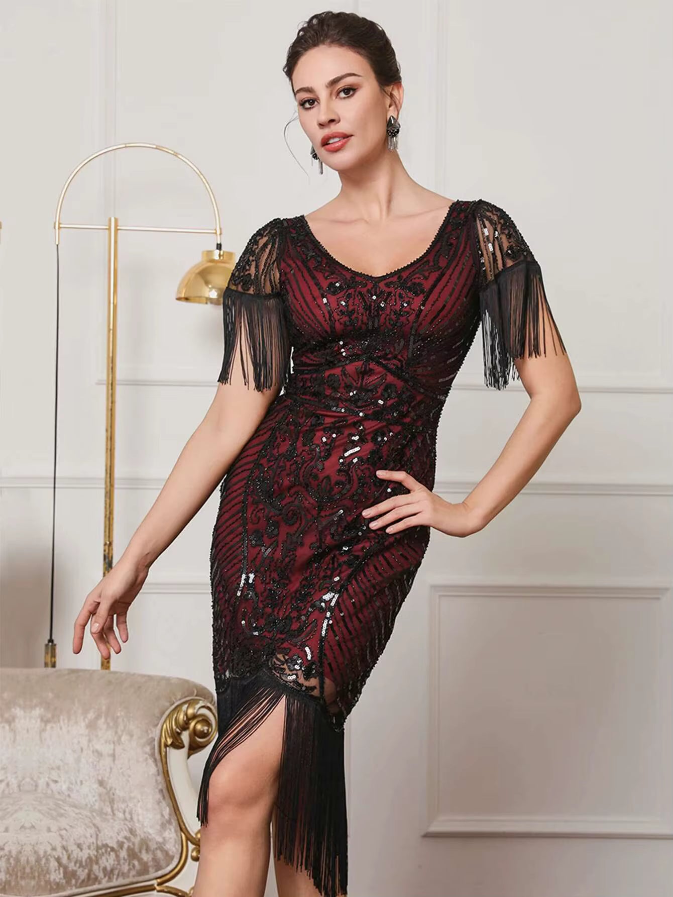 Elegant Vintage Mesh Sequin Rhinestone Bodycon Midi Prom Dresses