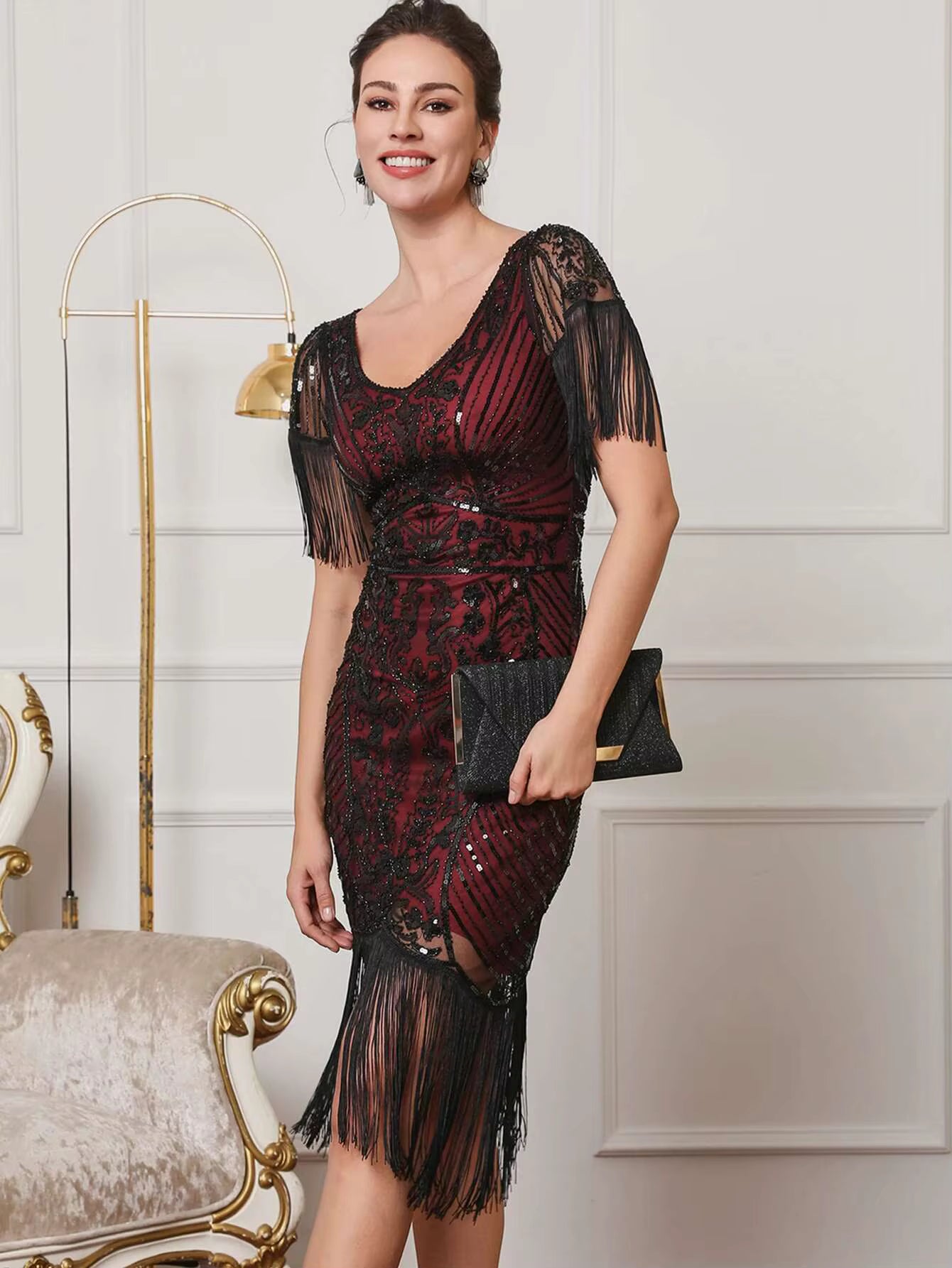 Elegant Vintage Mesh Sequin Rhinestone Bodycon Midi Prom Dresses