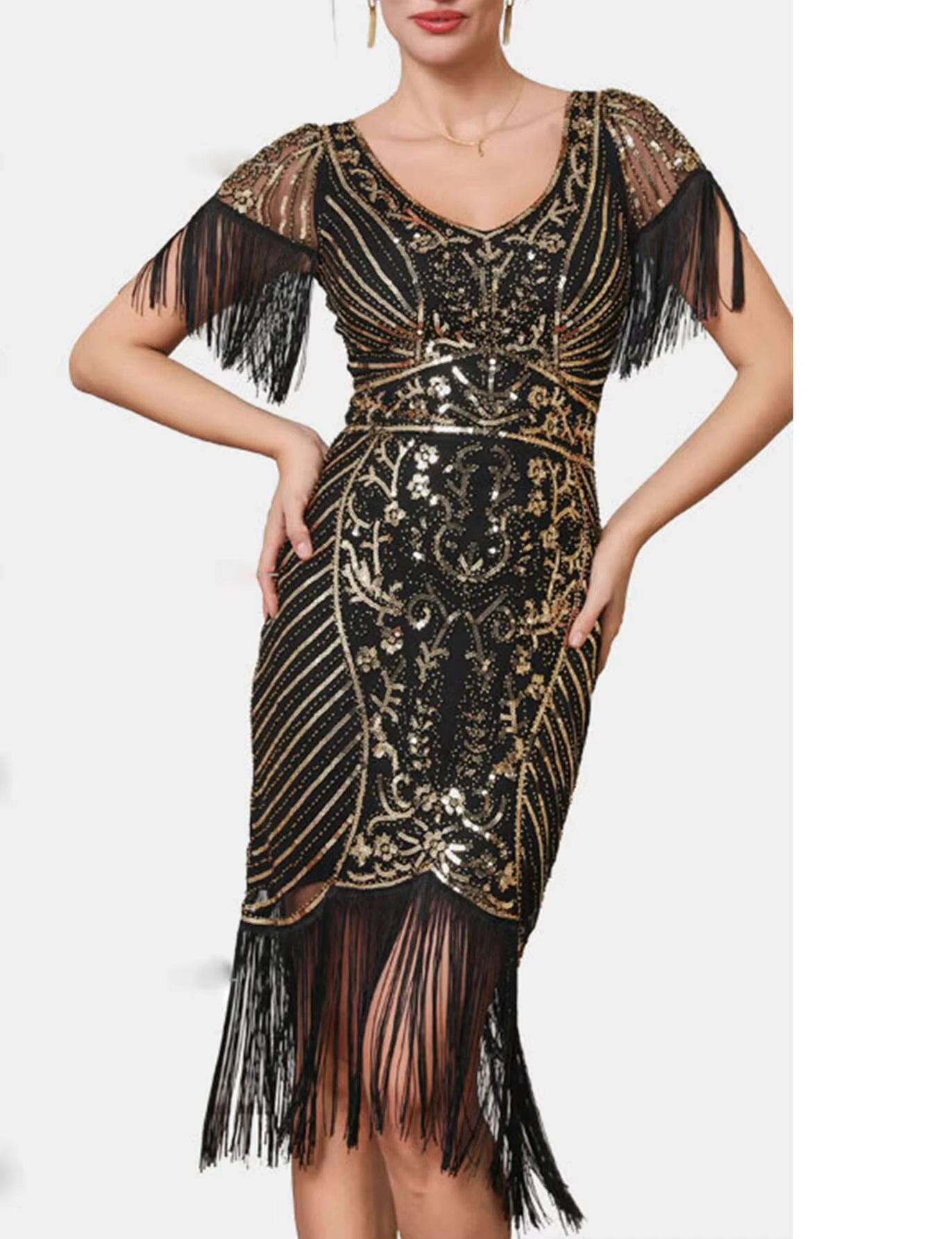Elegant Vintage Mesh Sequin Rhinestone Bodycon Midi Prom Dresses