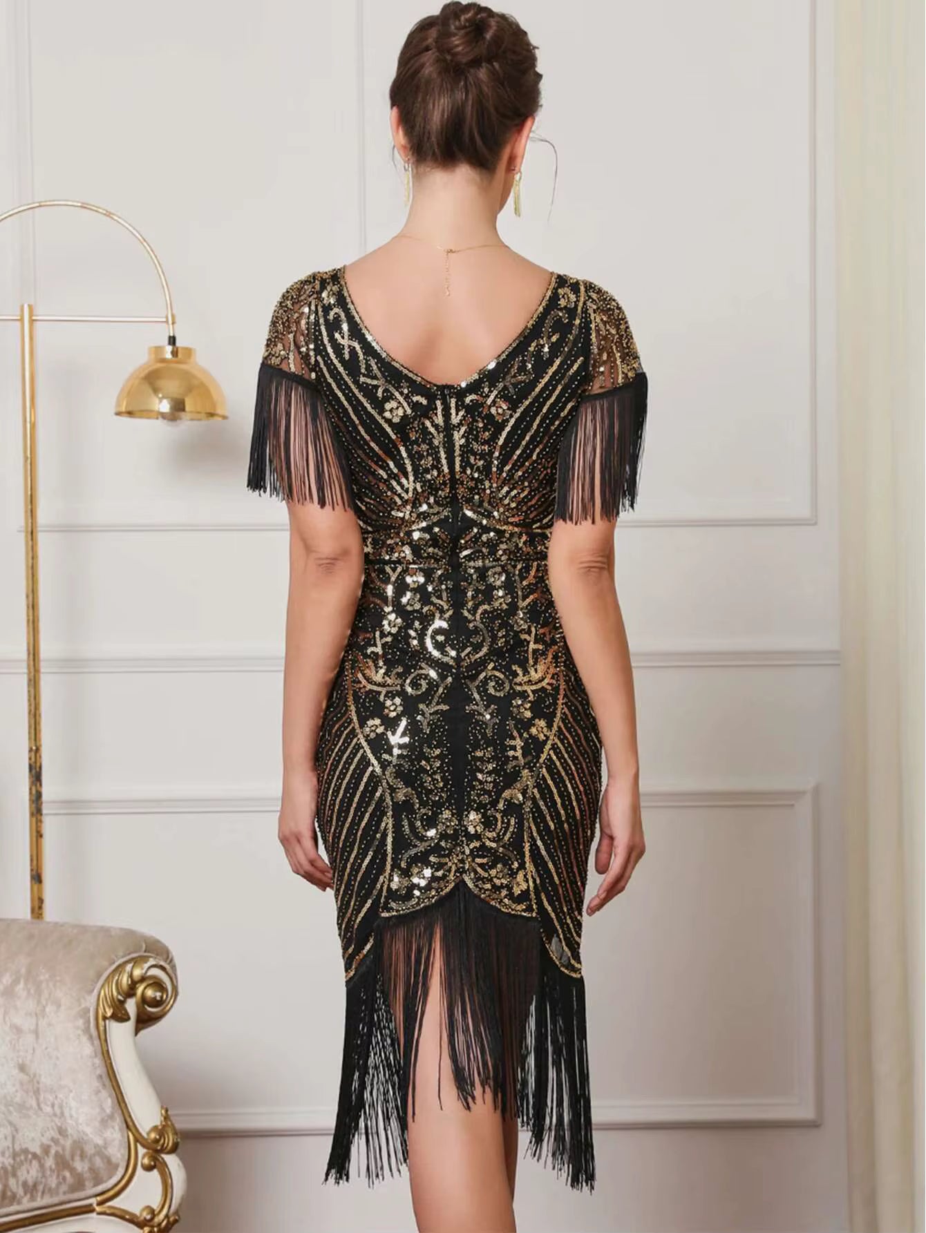 Elegant Vintage Mesh Sequin Rhinestone Bodycon Midi Prom Dresses