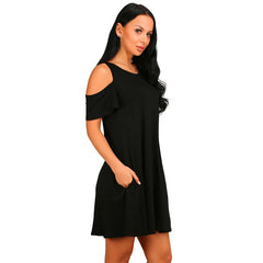 Elegant Vintage Off Shoulder Short Sleeve Loose Solid O-Neck A-Line Dress