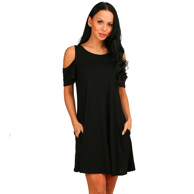 Elegant Vintage Off Shoulder Short Sleeve Loose Solid O-Neck A-Line Dress