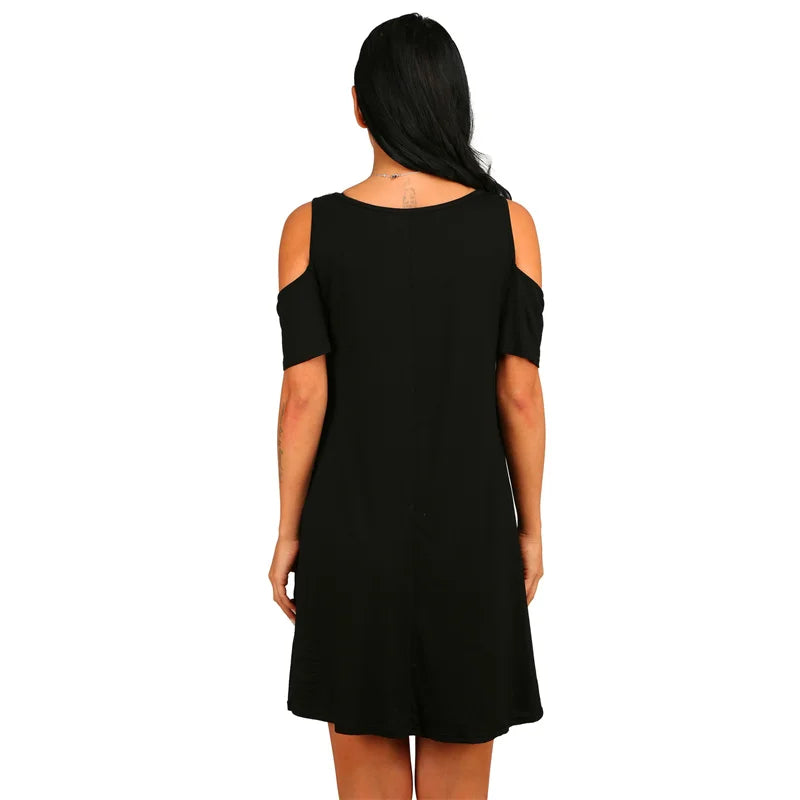 Elegant Vintage Off Shoulder Short Sleeve Loose Solid O-Neck A-Line Dress