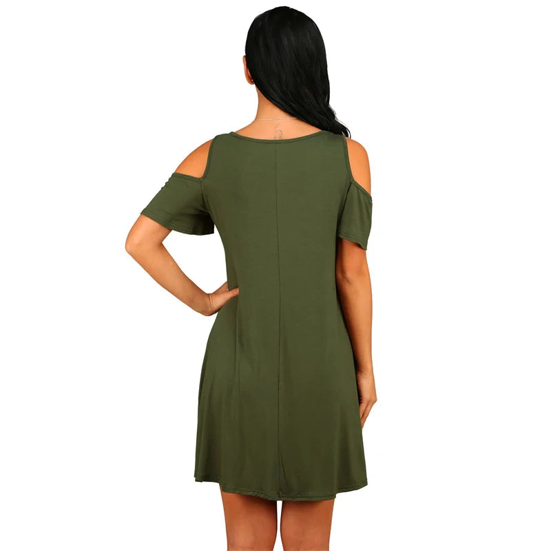 Elegant Vintage Off Shoulder Short Sleeve Loose Solid O-Neck A-Line Dress