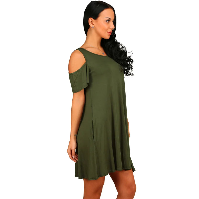 Elegant Vintage Off Shoulder Short Sleeve Loose Solid O-Neck A-Line Dress