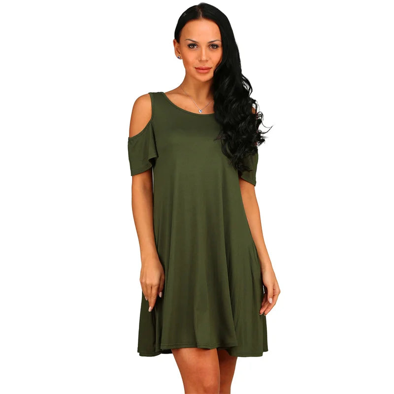 Elegant Vintage Off Shoulder Short Sleeve Loose Solid O-Neck A-Line Dress