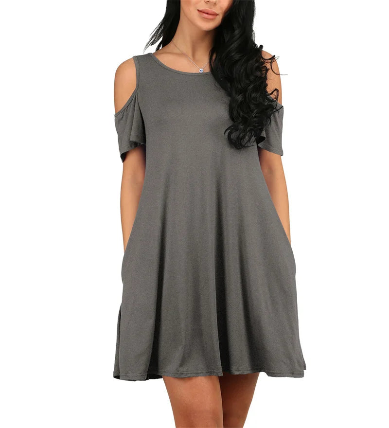 Elegant Vintage Off Shoulder Short Sleeve Loose Solid O-Neck A-Line Dress