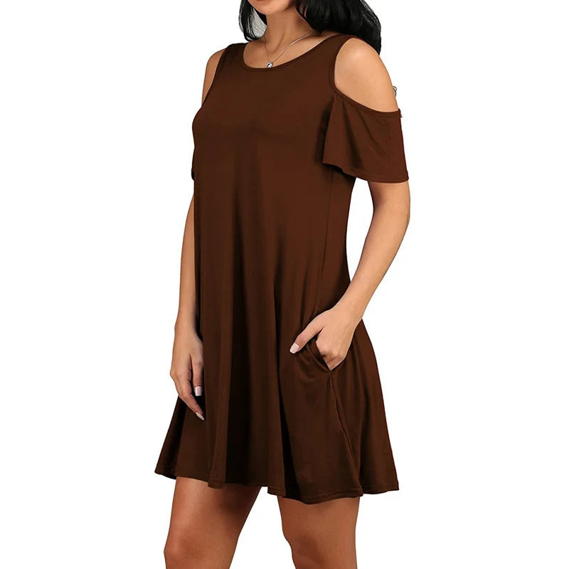 Elegant Vintage Off Shoulder Short Sleeve Loose Solid O-Neck A-Line Dress