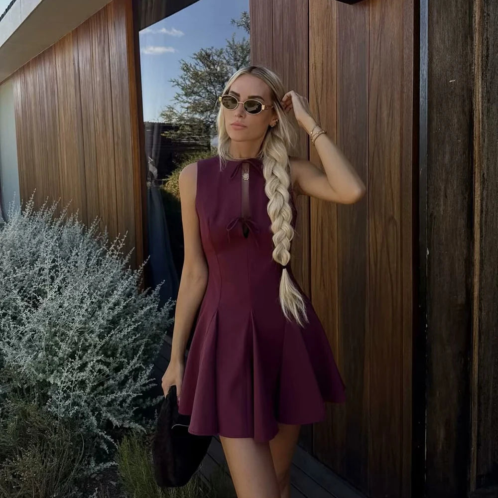 Elegant Wide Swing Sleeveless Bow Trim Mini Sleeveless Dress