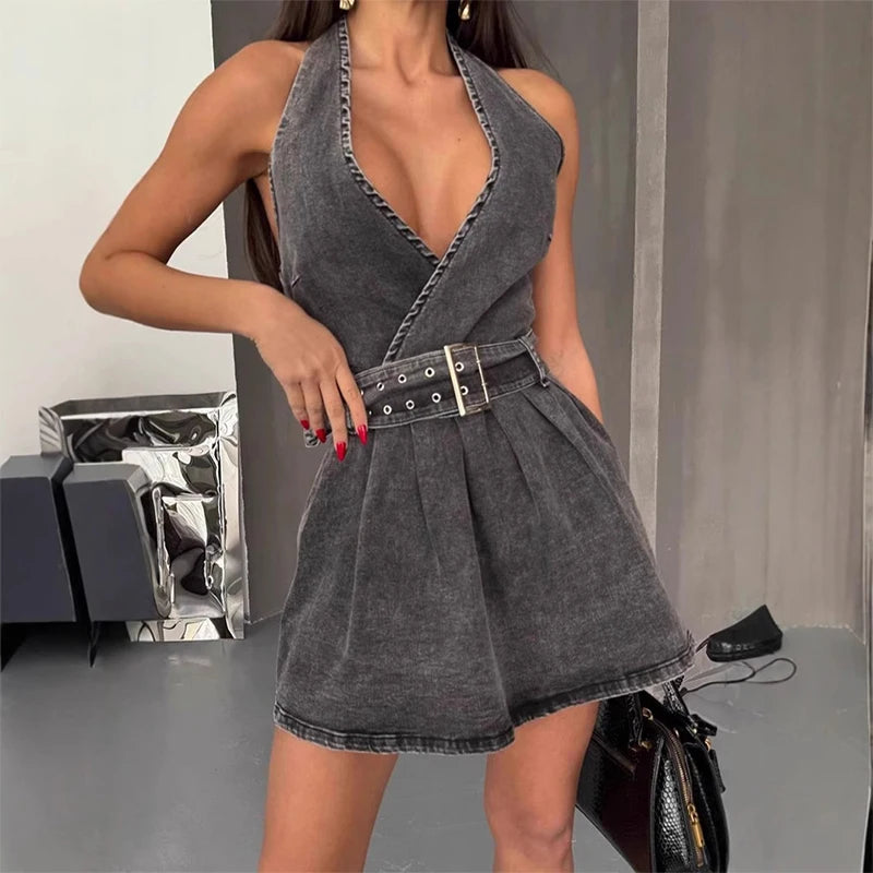 Elegant With Adjustable Belt Deep-V Denim Halter Loose Mini Dress