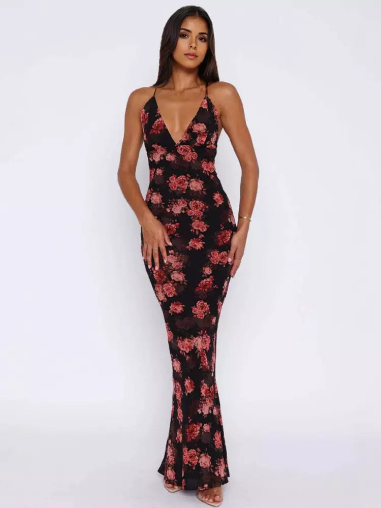Elegant With Plunge Neckline Floral Print Bodycon Maxi Slip Dress
