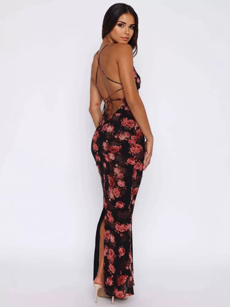 Elegant With Plunge Neckline Floral Print Bodycon Maxi Slip Dress