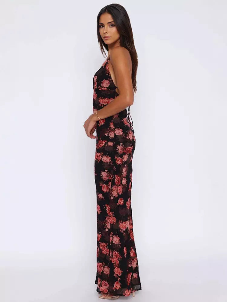 Elegant With Plunge Neckline Floral Print Bodycon Maxi Slip Dress