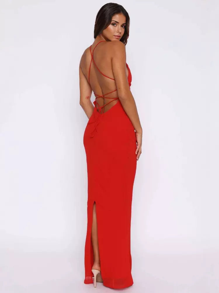Elegant With Plunge V-neck Party Bodycon Maxi Slip Dress