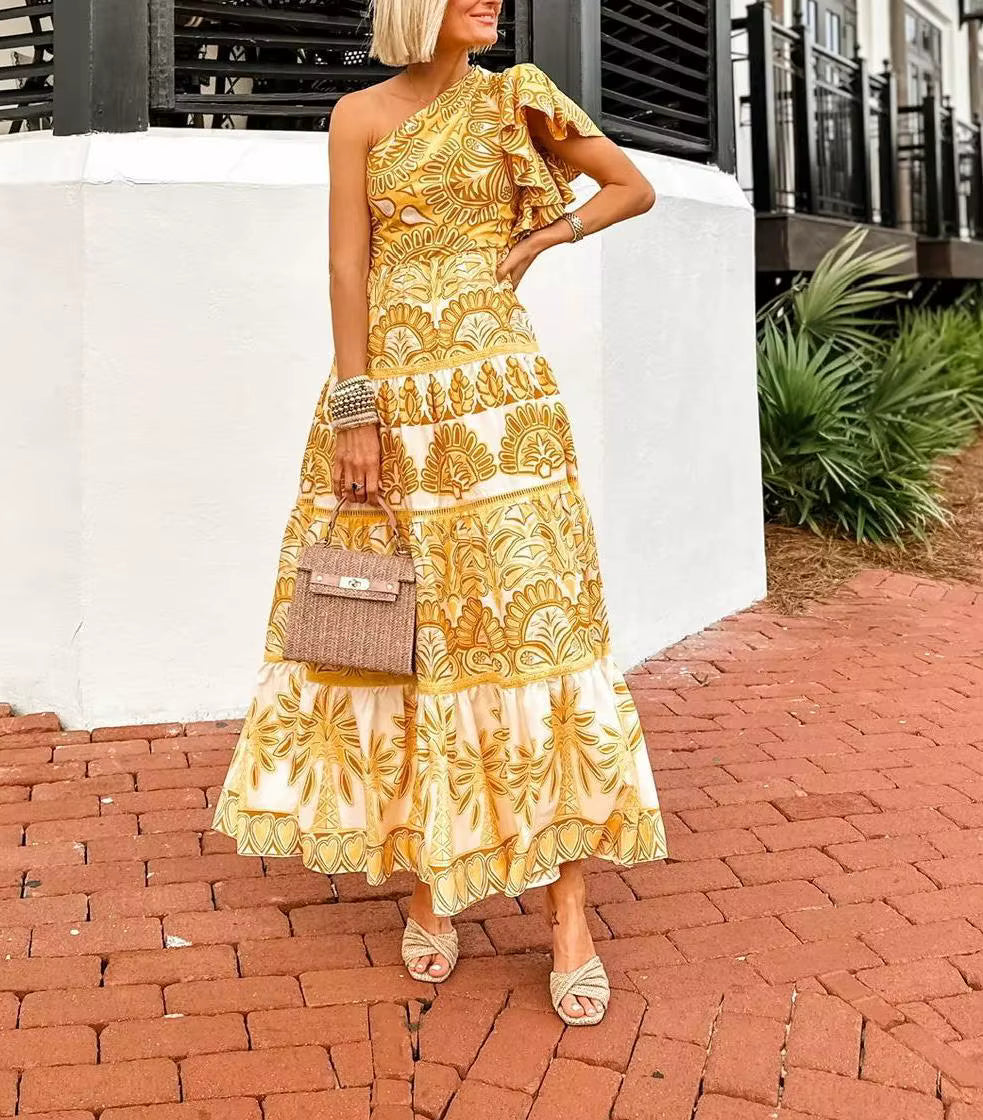 Elegant With Ruffled Edges Single Shoulder Splicing Large Swing Maxi Dress