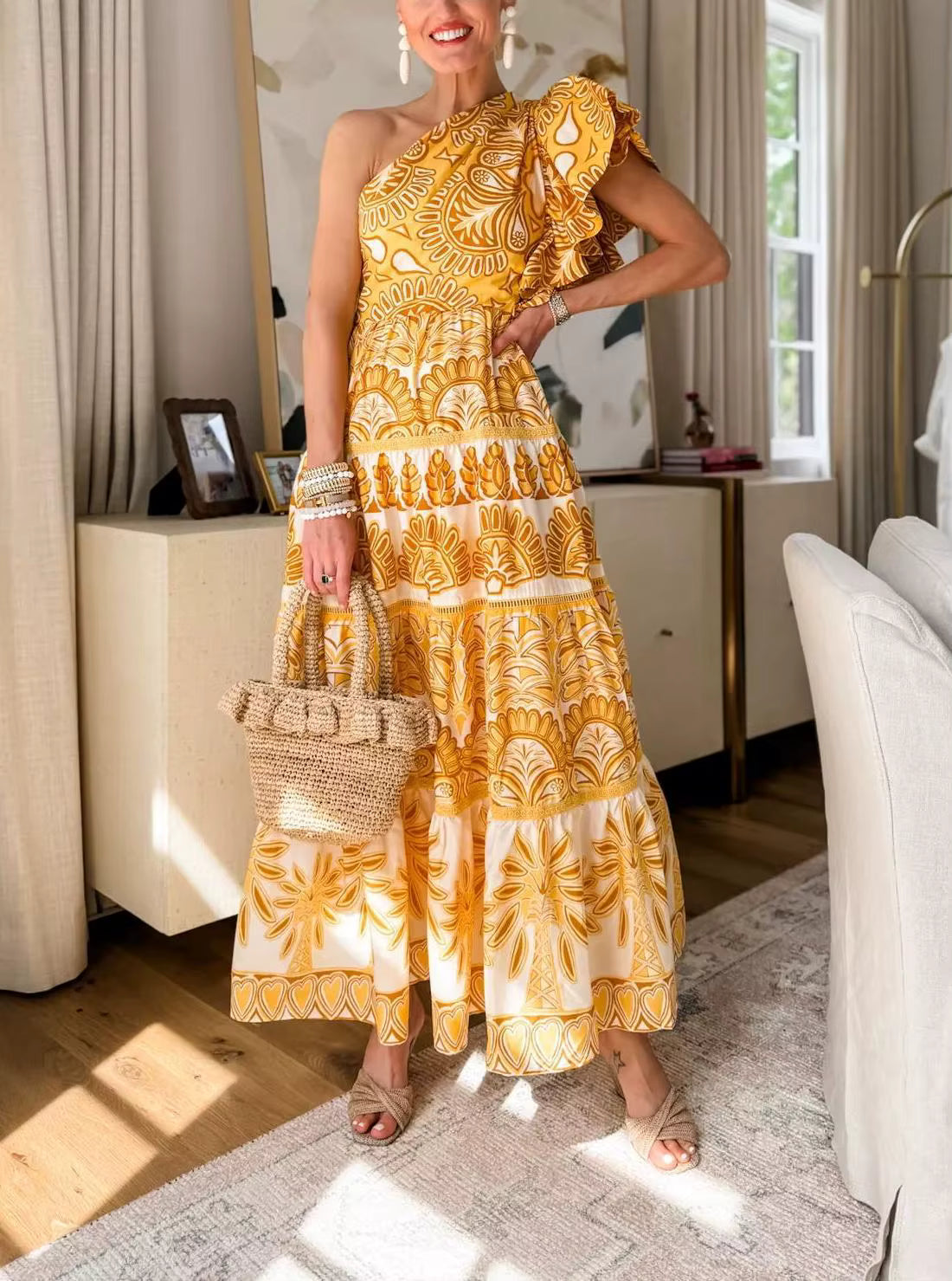 Elegant With Ruffled Edges Single Shoulder Splicing Large Swing Maxi Dress