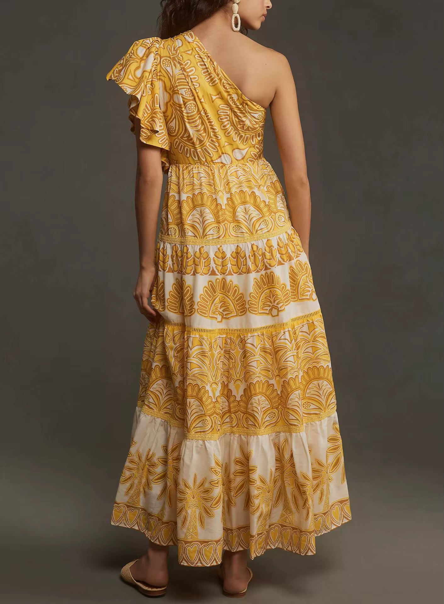 Elegant With Ruffled Edges Single Shoulder Splicing Large Swing Maxi Dress