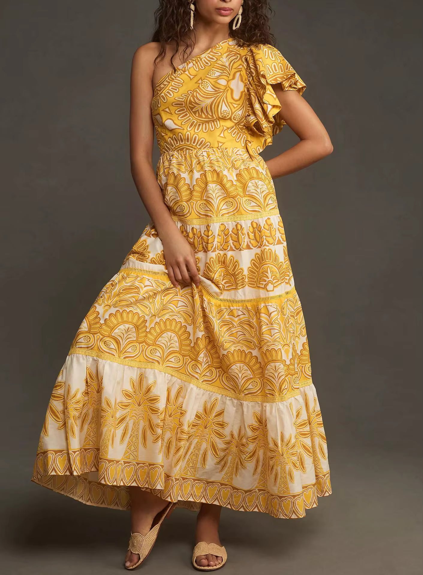 Elegant With Ruffled Edges Single Shoulder Splicing Large Swing Maxi Dress