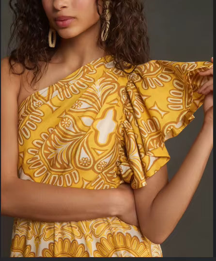 Elegant With Ruffled Edges Single Shoulder Splicing Large Swing Maxi Dress