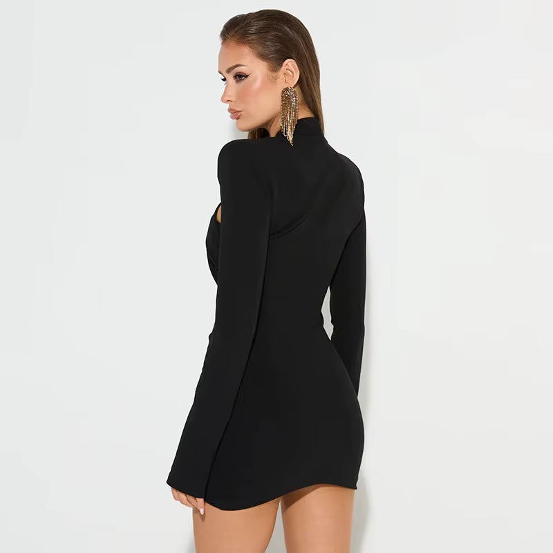 Elegant Wrap Long Sleeve Low Cut Out Mini Dress