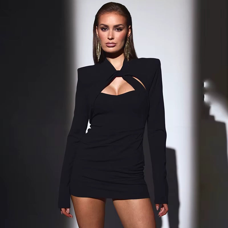 Elegant Wrap Long Sleeve Low Cut Out Mini Dress