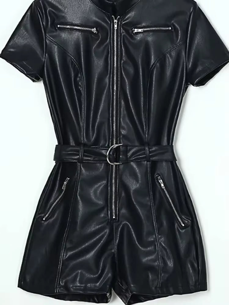 Elegant Zipper Design High Waist PU Leather with Belt Jumpsuits Romper