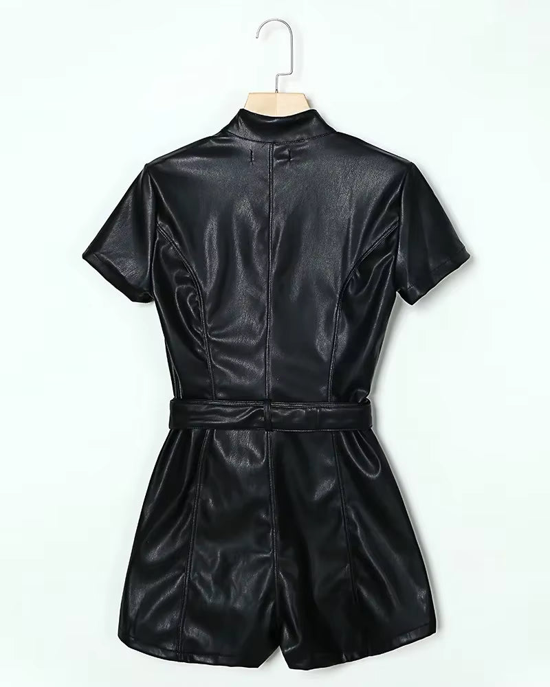 Elegant Zipper Design High Waist PU Leather with Belt Jumpsuits Romper