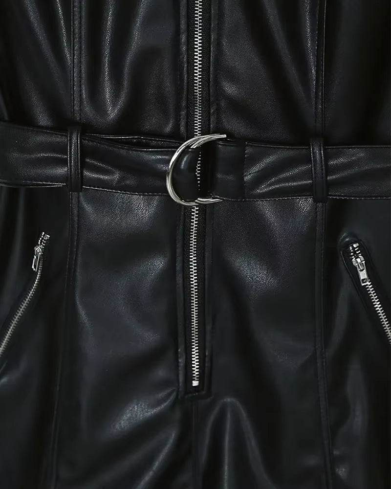Elegant Zipper Design High Waist PU Leather with Belt Jumpsuits Romper