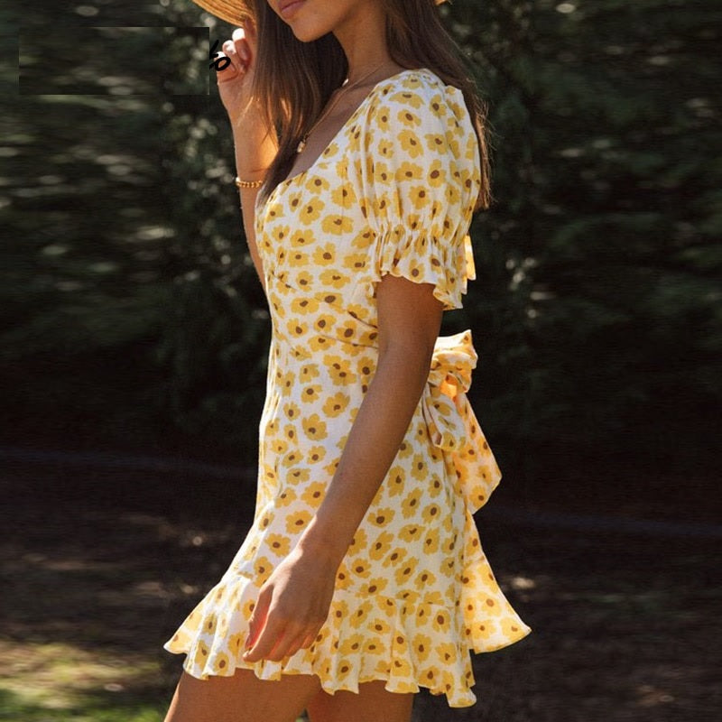 Elegant flounce ruffles floral backless lace up mini dress