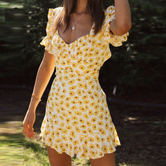 Elegant flounce ruffles floral backless lace up mini dress