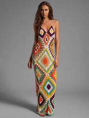 Elegant knit Firework Plaid Acrylic Beach Style Maxi Dress