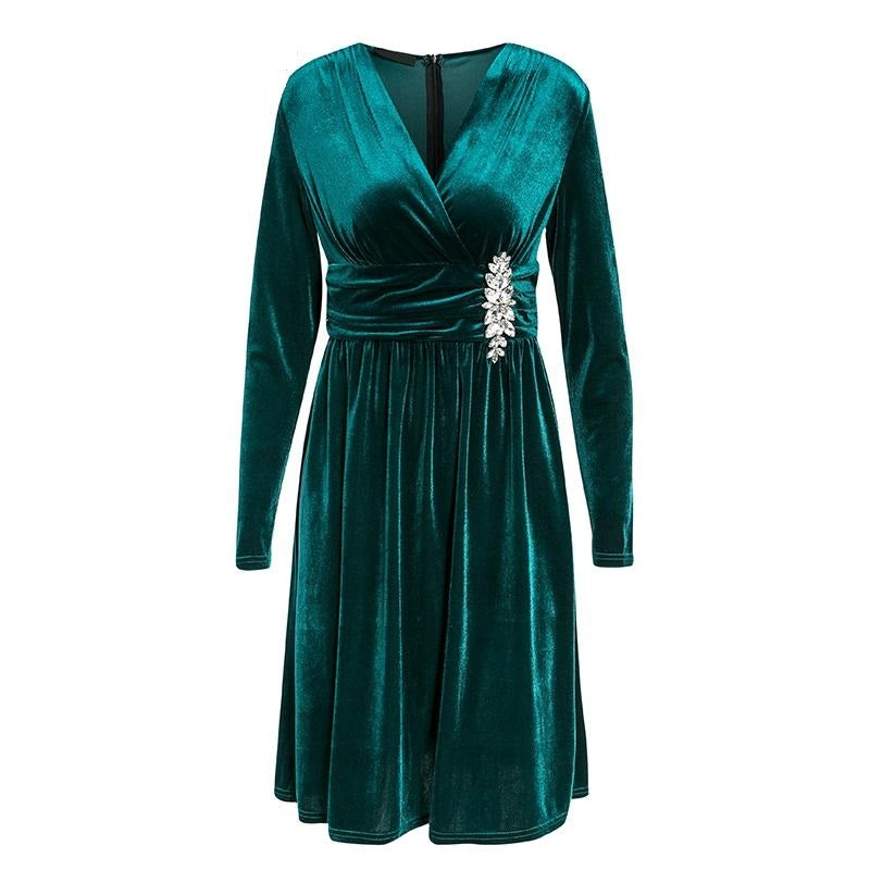 Elegant long sleeve crystal ruched short party dress