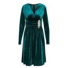 Elegant long sleeve crystal ruched short party dress