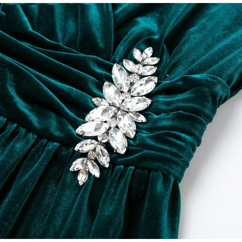Elegant long sleeve crystal ruched short party dress