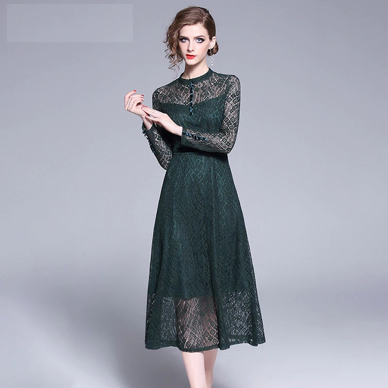 Elegant office lady long Sleeve Lace Dress