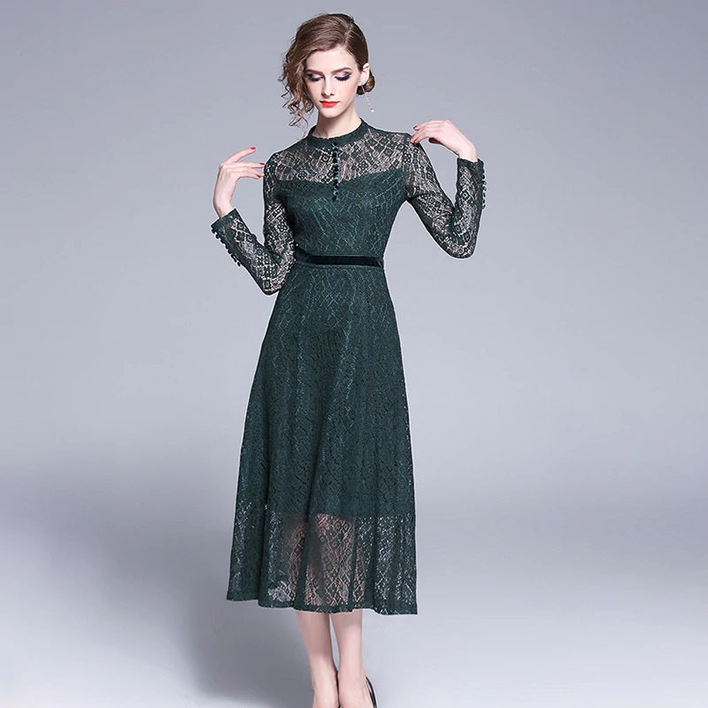 Elegant office lady long Sleeve Lace Dress
