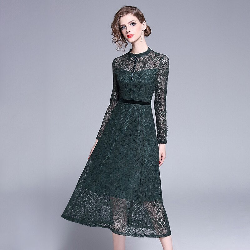 Elegant office lady long Sleeve Lace Dress