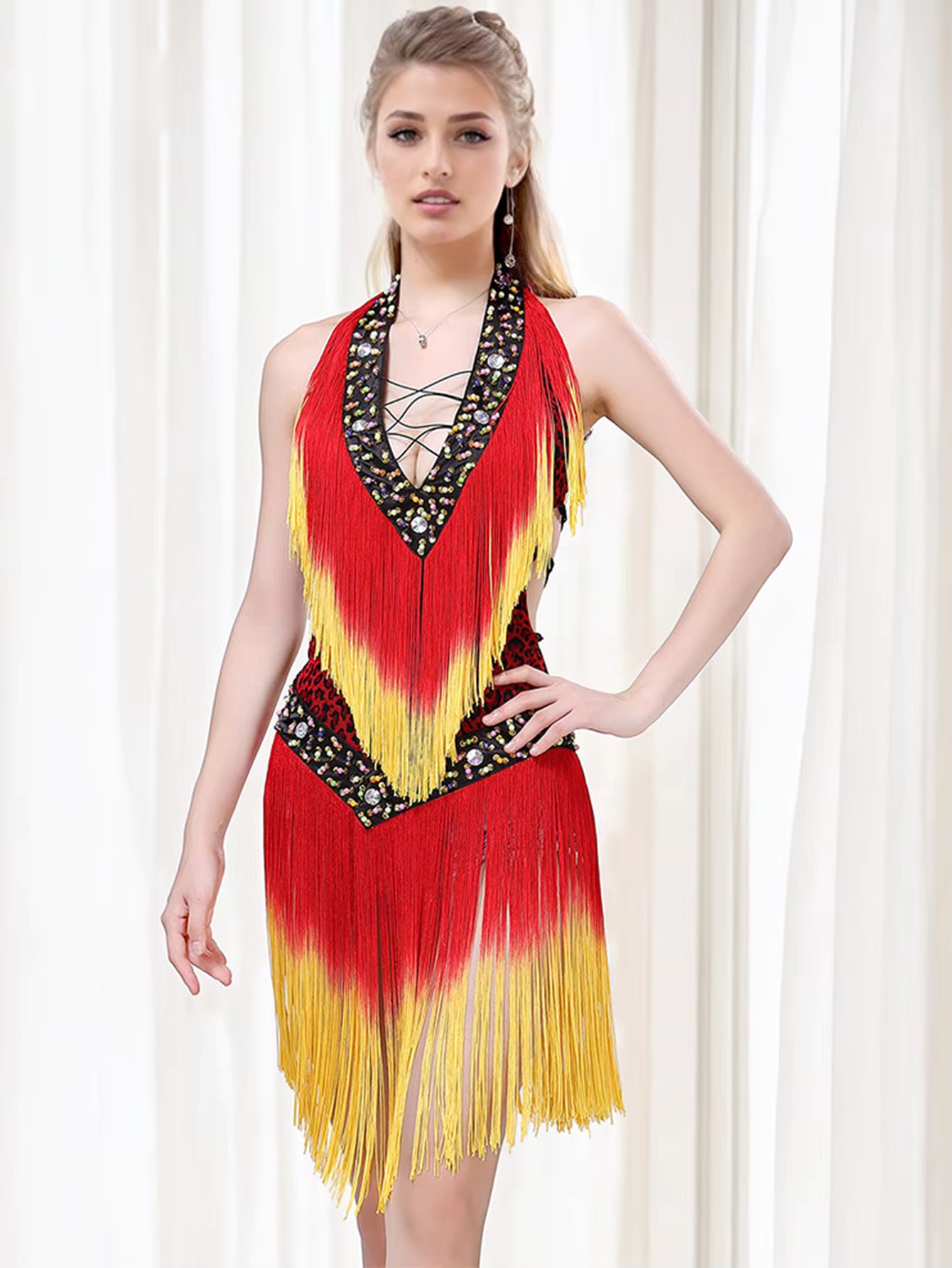 Elegant rhinestone Neck-mounted tassel bodycon prom short dresses