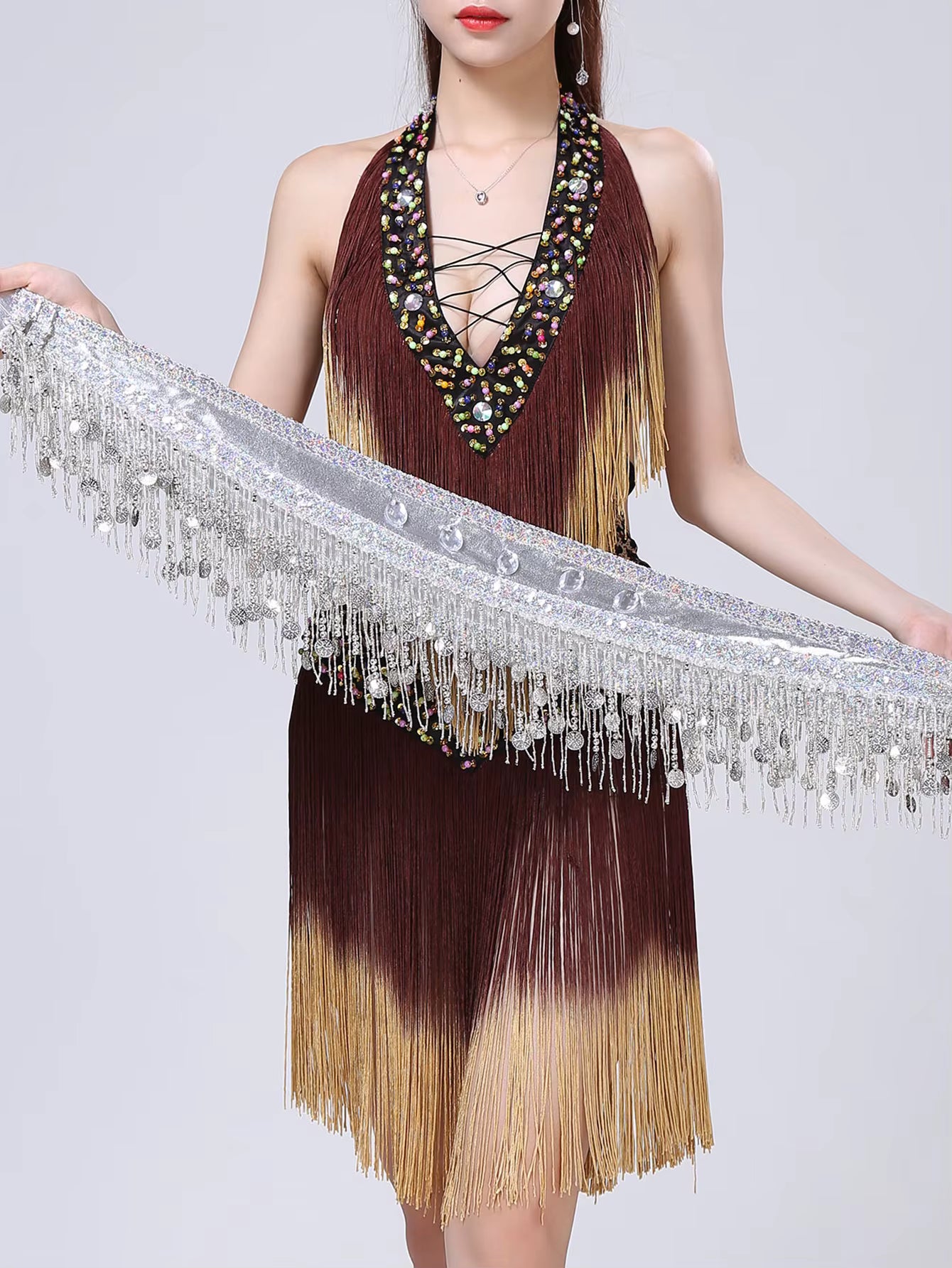 Elegant rhinestone Neck-mounted tassel bodycon prom short dresses