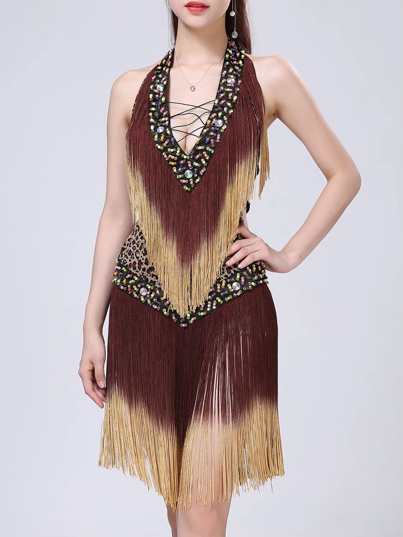 Elegant rhinestone Neck-mounted tassel bodycon prom short dresses