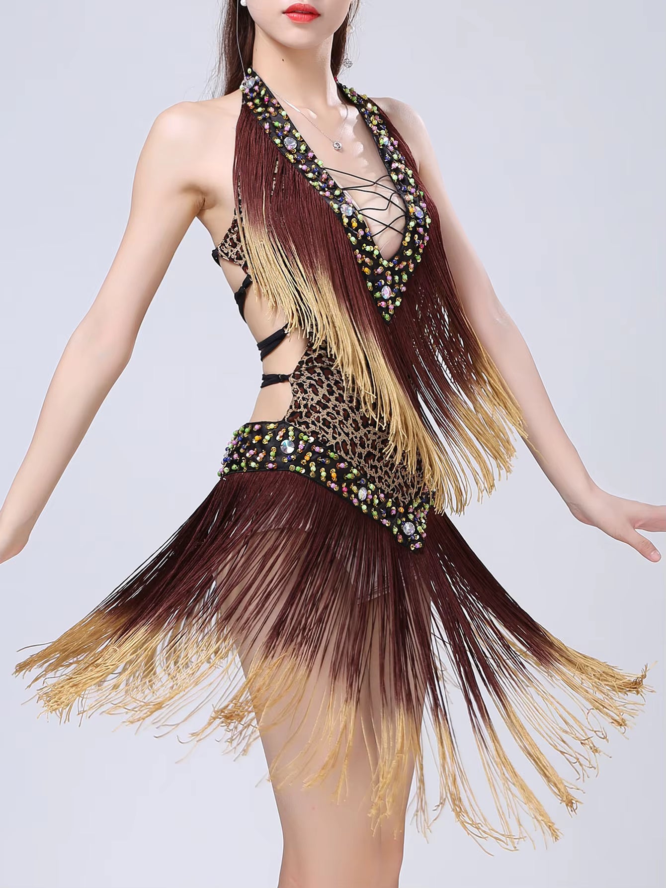 Elegant rhinestone Neck-mounted tassel bodycon prom short dresses