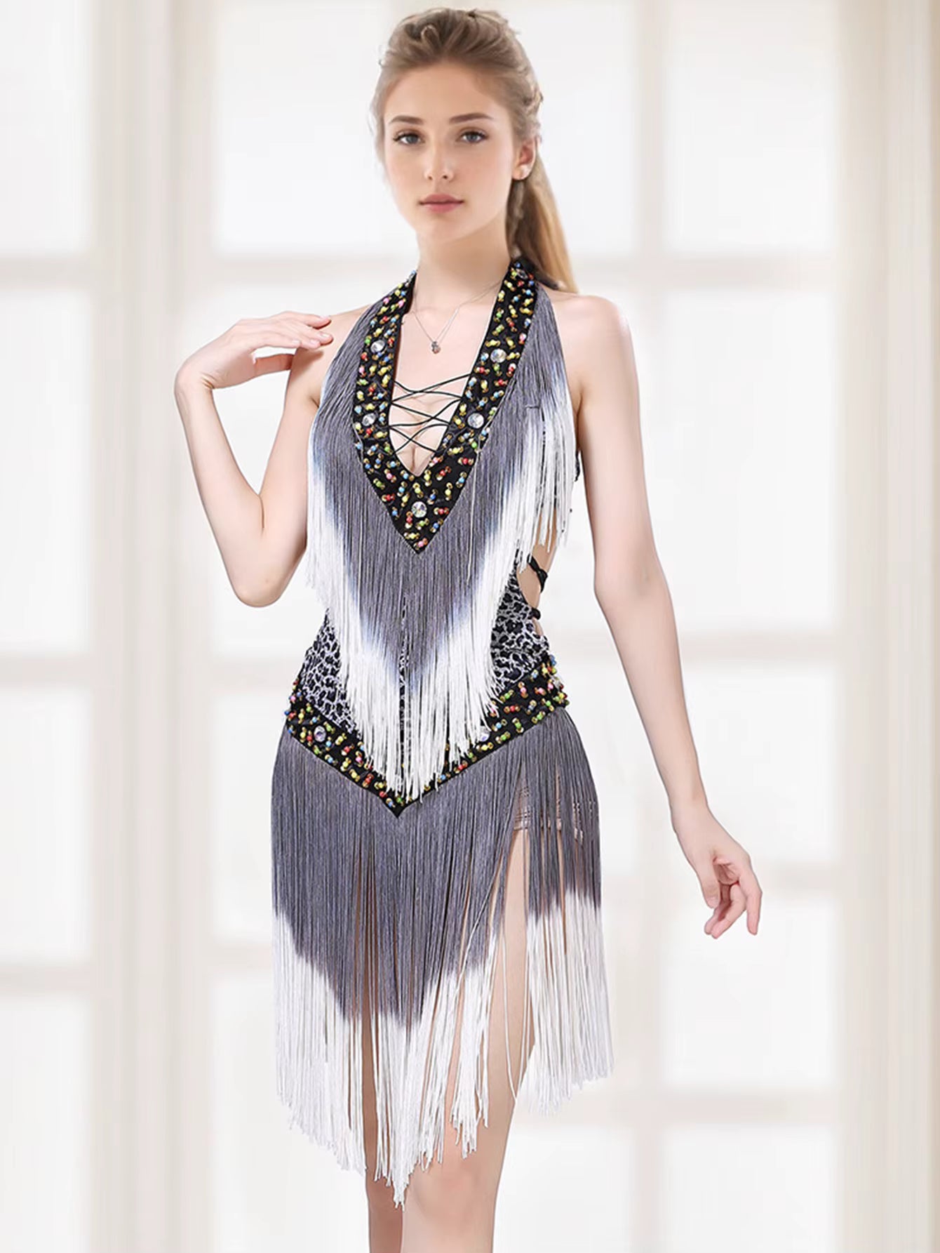 Elegant rhinestone Neck-mounted tassel bodycon prom short dresses
